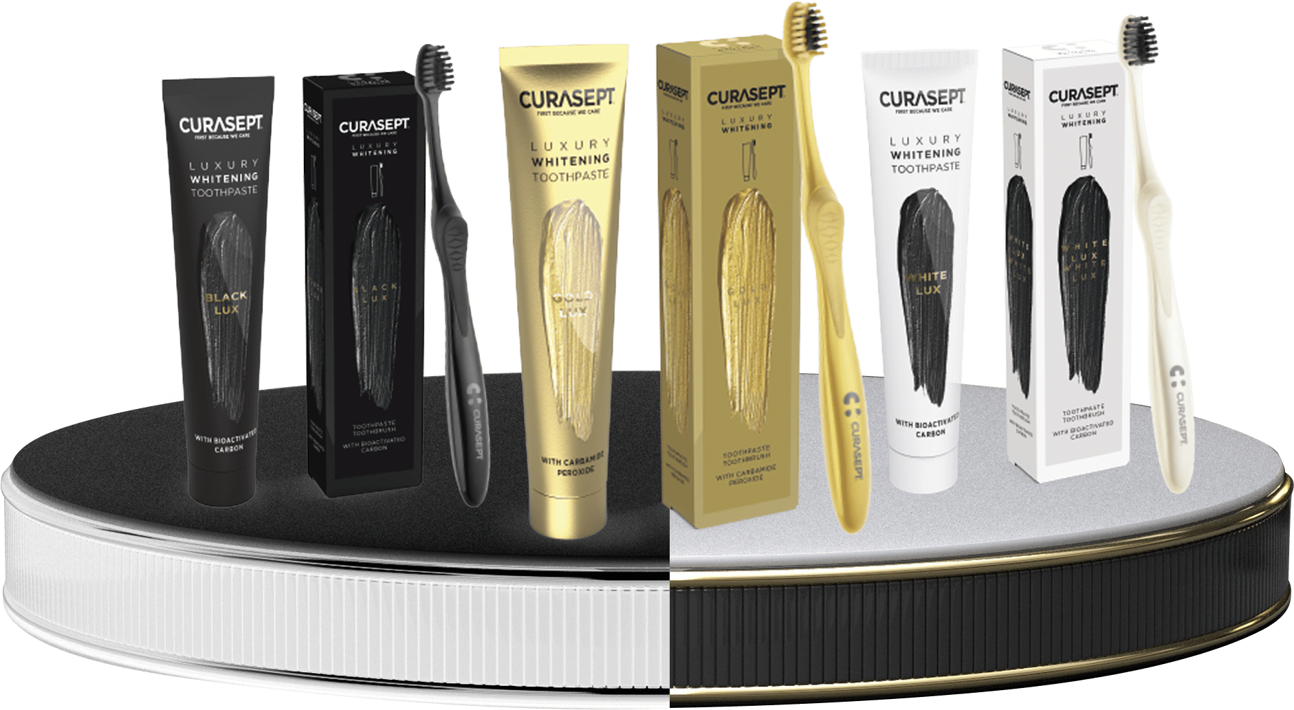 famiglia linea Curasept Luxury gold black white spazzolini e dentifrici