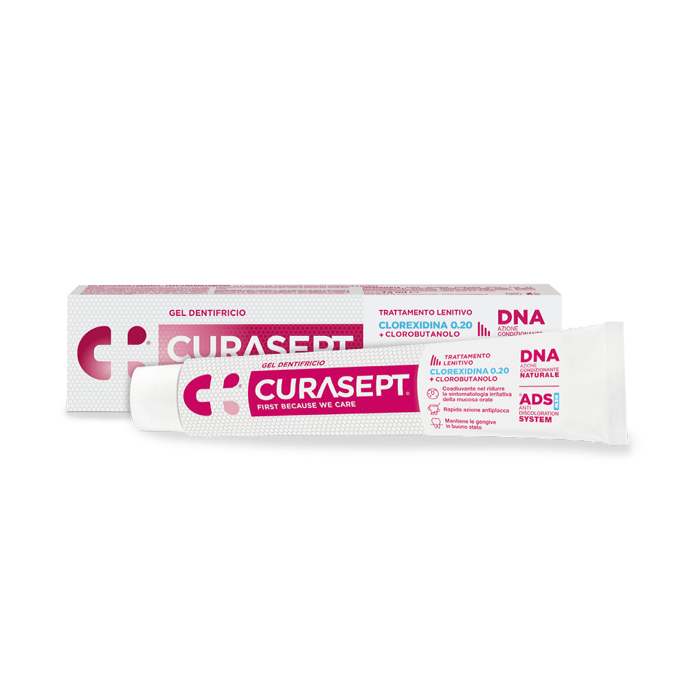 Dentifricio e packaging ADS DNA new trattamento lenitivo con clorexidina 0.2 e clorobutanolo
