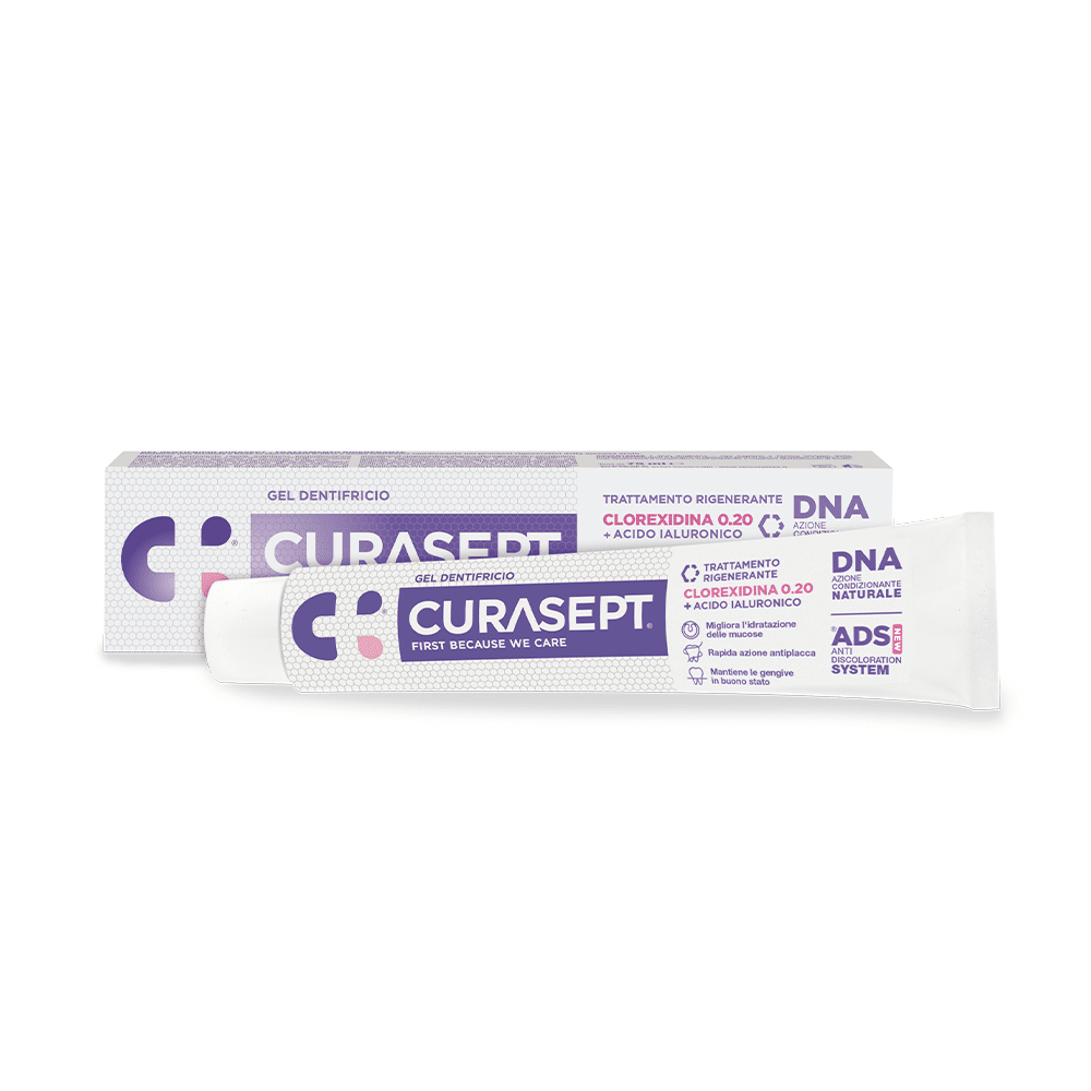 Dentifricio e packaging ADS DNA new trattamento rigenerante con clorexidina 0,20 e acido ialuronico