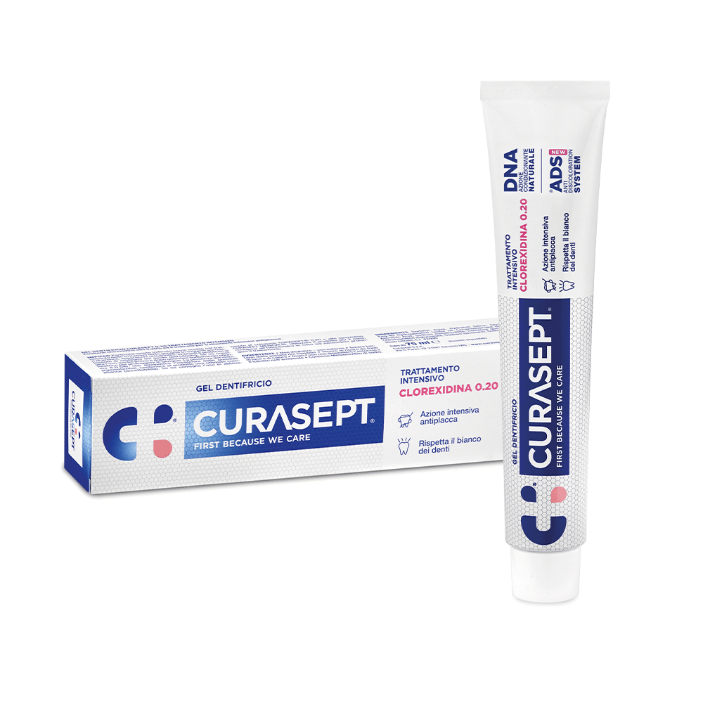 tubetto e packaging dentifricio Curasept ADS DNA Clorexidina 0.20