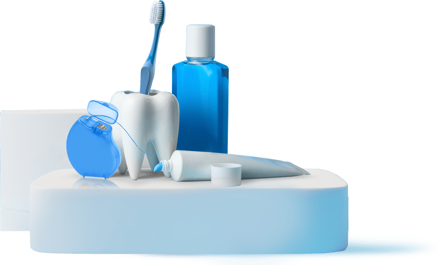 header sezione Prodotti con tutti i prodotti per l'igiene orale (collutorio, dentifricio, spazzolino, filo)